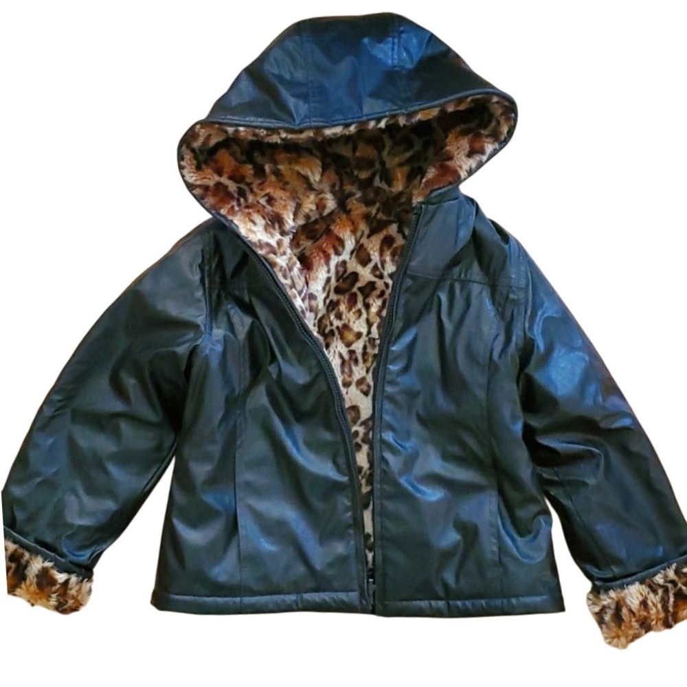 Copper Key Girls 7-8 Fuzzy Leopard Cheetah Black Faux Leather Winter Jacket‎